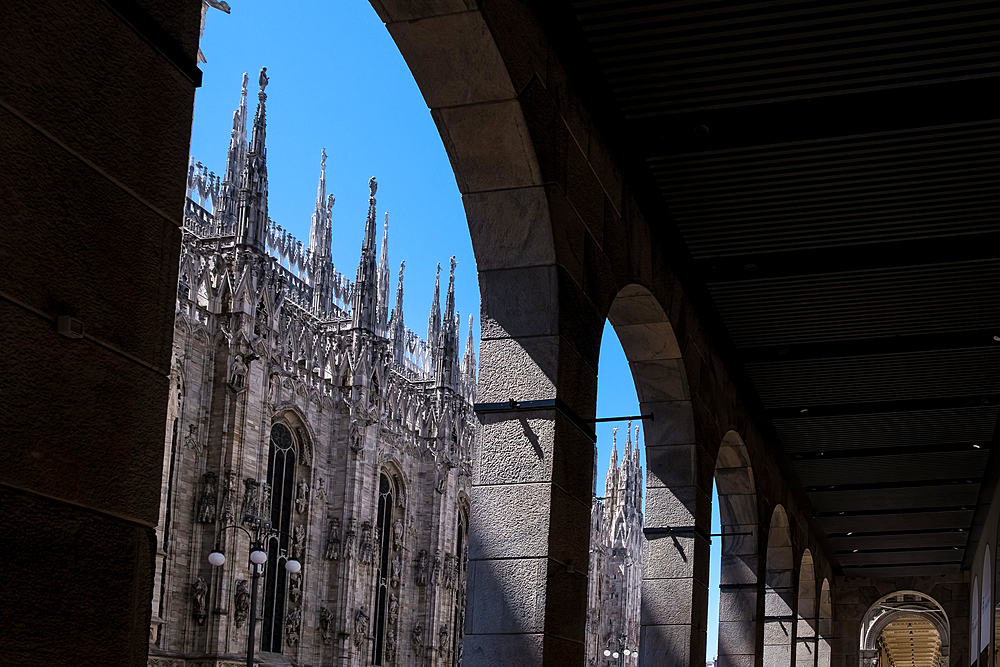 View of Milan Cathedral (Duomo di Milano), dedicated to the Nativity of St. Mary, from a nearby building in the Piazza del Duomo, Milan, Lombardy, Italy, Europe