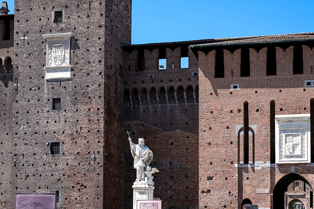 Detail of Castello Sforzesco (Sforza's Castle), a medieval fortification dating back to the 15th century, now housing museums and art collections, Milan, Lombardy, Italy, Europe