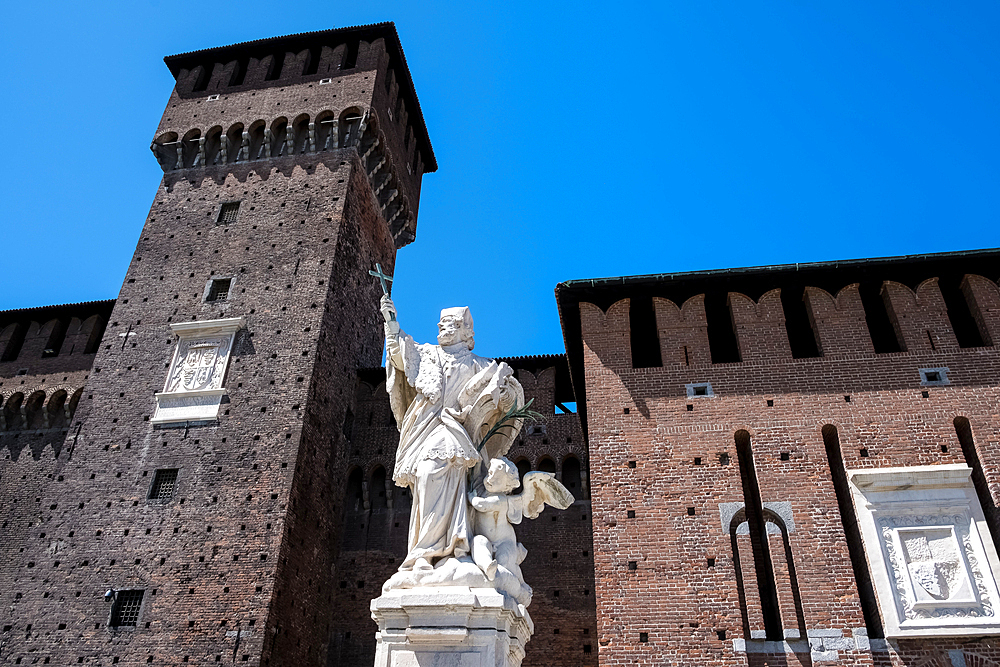 Detail of Castello Sforzesco (Sforza's Castle), a medieval fortification dating back to the 15th century, now housing museums and art collections, Milan, Lombardy, Italy, Europe