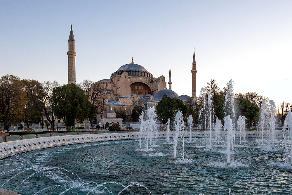 View of Hagia Sophia (Hagia Sophia Grand Mosque), originally a 6th century church, then a mosque and later a museum before being reconverted in 2020, viewed from Sultanahmet Park, UNESCO World Heritage Site, Istanbul, Turkey, Europe