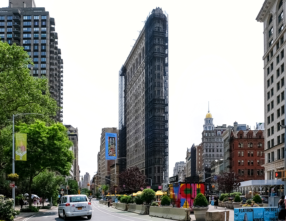 View of the Flatiron Building, a triangular steel-framed landmark at 175 Fifth Avenue in the Flatiron District neighborhood, Manhattan, New York City, United States of America, North America