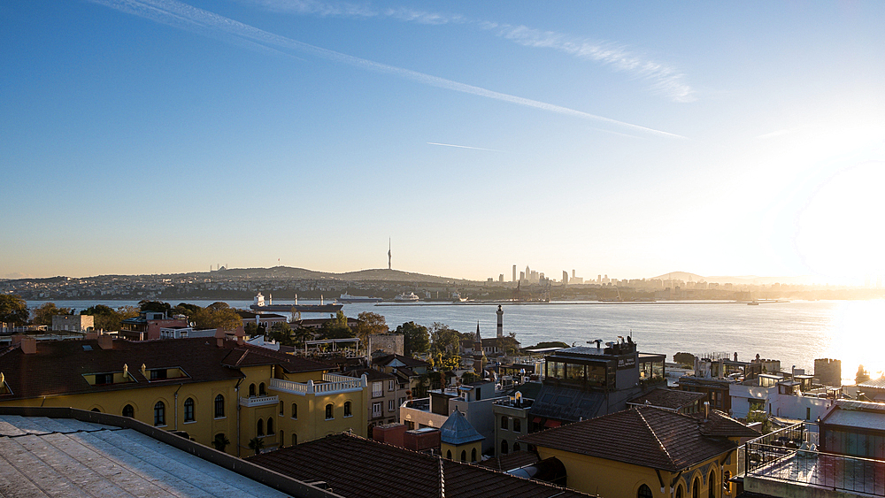 Cityscape view from Fatih, including the Bosporus, world's busiest waterway for international navigation, and the Çamlıca Tower, a massive telecommunications tower in the background, Istanbul Province, Turkey, Europe