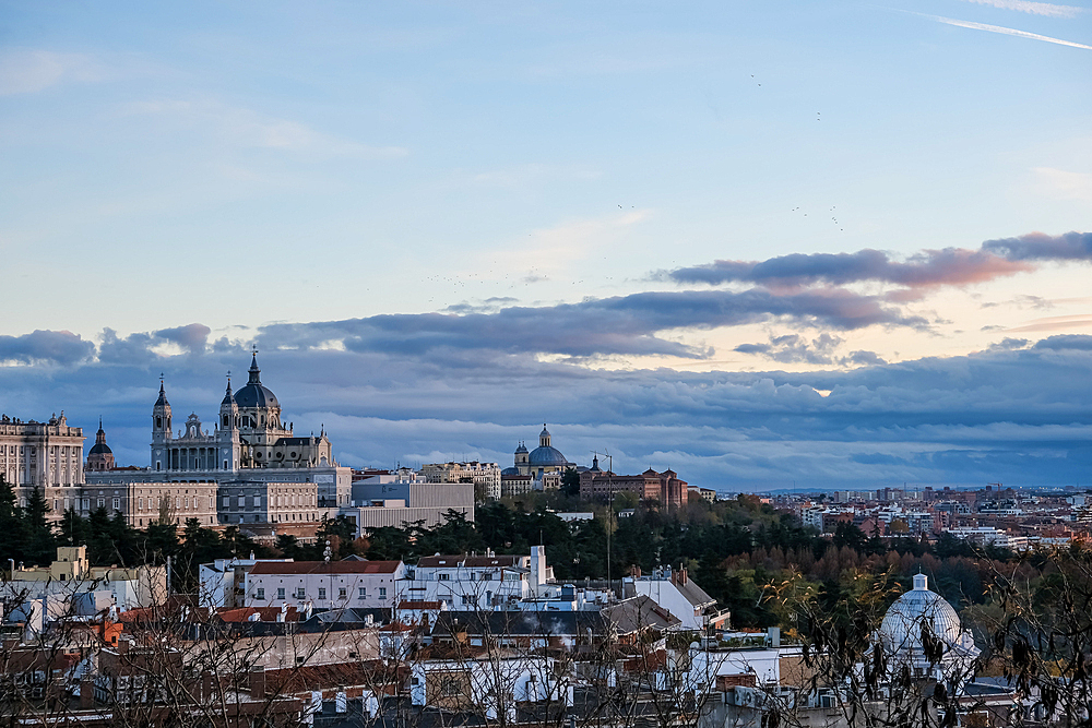 View of the Royal Palace of Madrid, the official residence of the Spanish royal family, from the Parque la Montana in the city center, Madrid, Spain, Europe