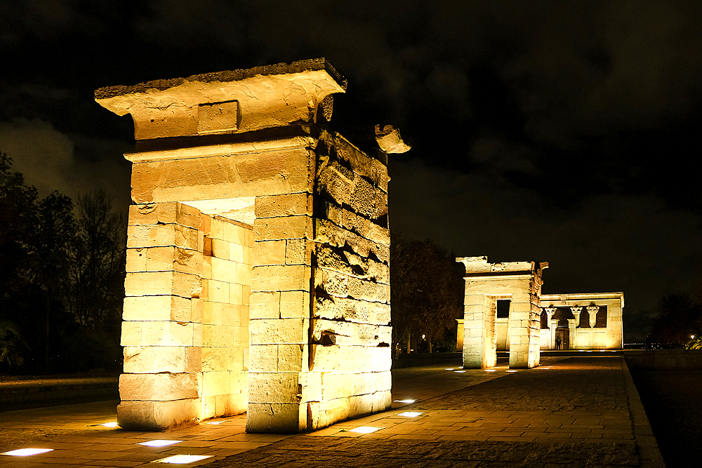 View of the ancient Nubian Temple of Debod, dismantled as part of the International Campaign to Save the Monuments of Nubia, rebuilt in Parque de la Montana, Madrid, Spain, Europe