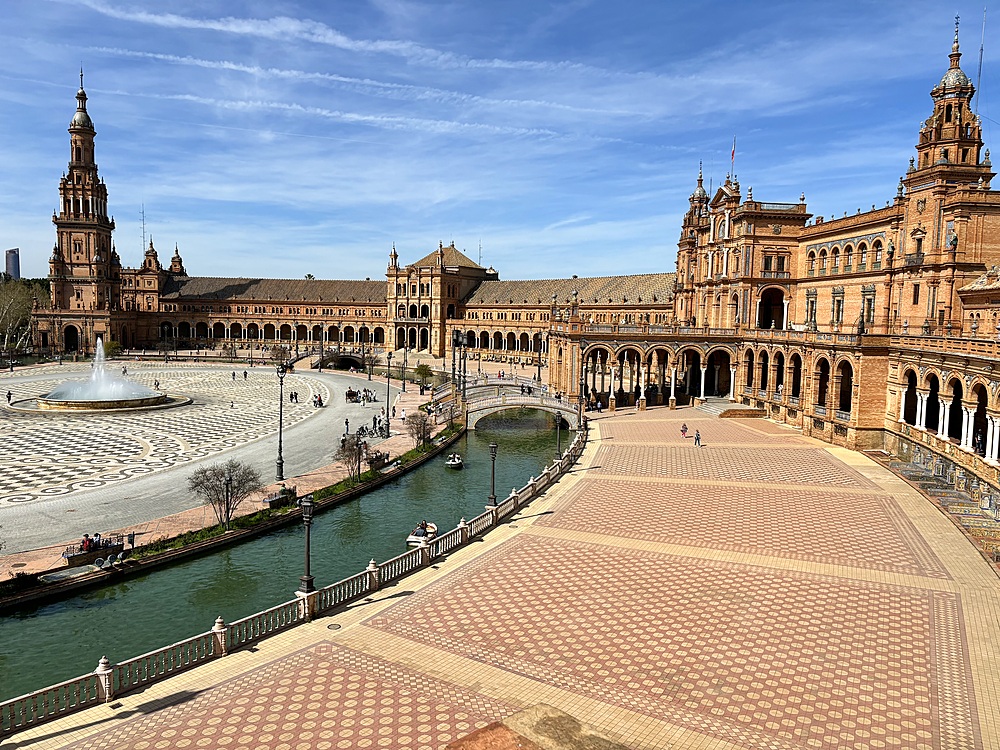 View of the Plaza de España (Spain Square), a plaza in the Parque de María Luisa (Maria Luisa Park), in Seville, Spain, built in 1928 for the Ibero-American Exposition of 1929 and a landmark example of Regionalism Architecture.