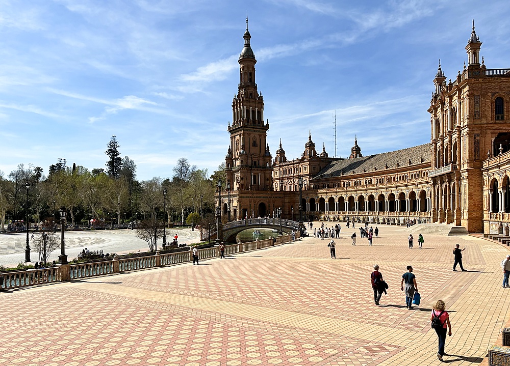 View of the Plaza de España (Spain Square), a plaza in the Parque de María Luisa (Maria Luisa Park), in Seville, Spain, built in 1928 for the Ibero-American Exposition of 1929 and a landmark example of Regionalism Architecture.