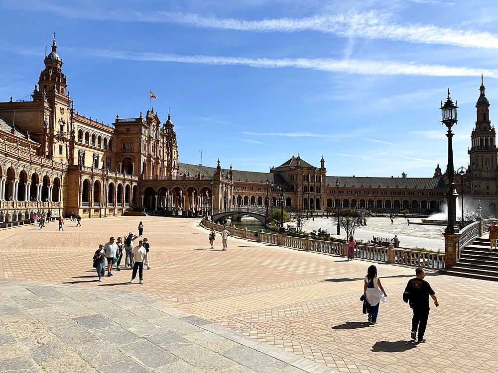 View of the Plaza de España (Spain Square), a plaza in the Parque de María Luisa (Maria Luisa Park), in Seville, Spain, built in 1928 for the Ibero-American Exposition of 1929 and a landmark example of Regionalism Architecture.