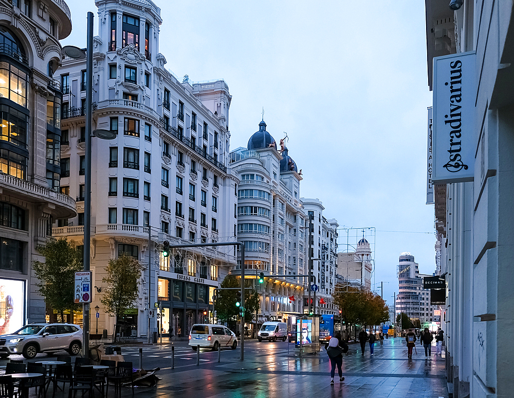 Urban landscape of Gran Vía, sometimes referred to as the Spanish Broadway, one of the city's most important shopping areas, with  hotels and cinemas, Madrid, Spain, Europe