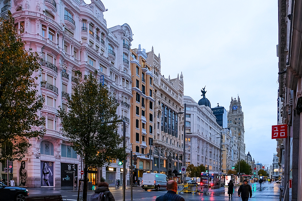 Urban landscape of Gran Vía, sometimes referred to as the Spanish Broadway, one of the city's most important shopping areas, with  hotels and cinemas, Madrid, Spain, Europe