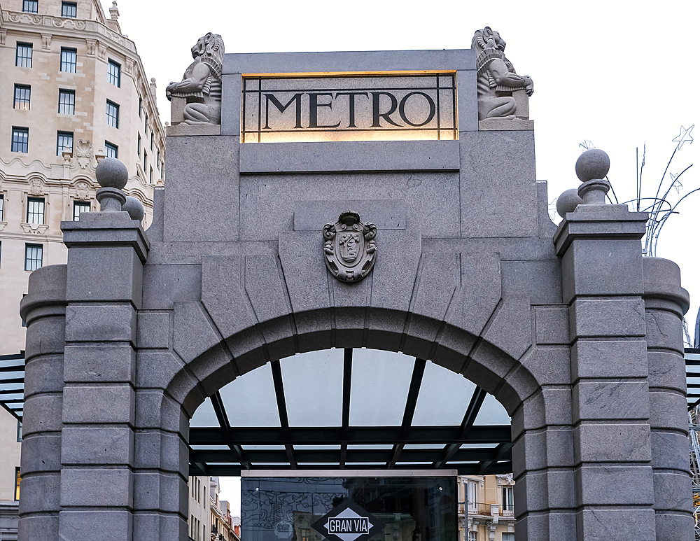 Architectural detail of Gran Vía station, part of the Madrid Metro system, situated beneath Gran Vía street in central Madrid, Spain, Europe