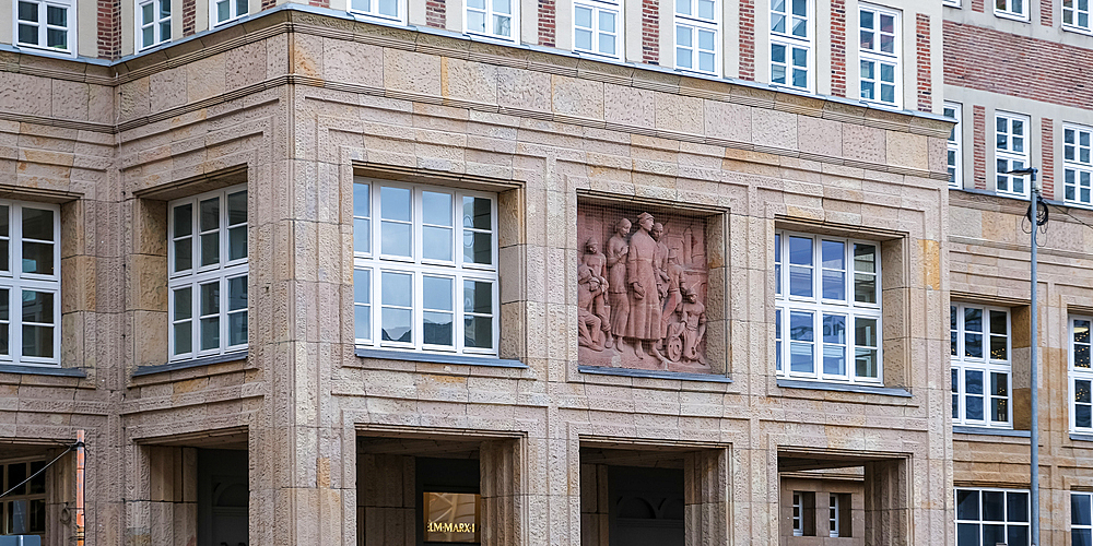 Architectural detail of the Wilhelm Marx Haus a historical high-rise building in the central district, Dusseldorf, North Rhine Westphalia, Germany, Europe