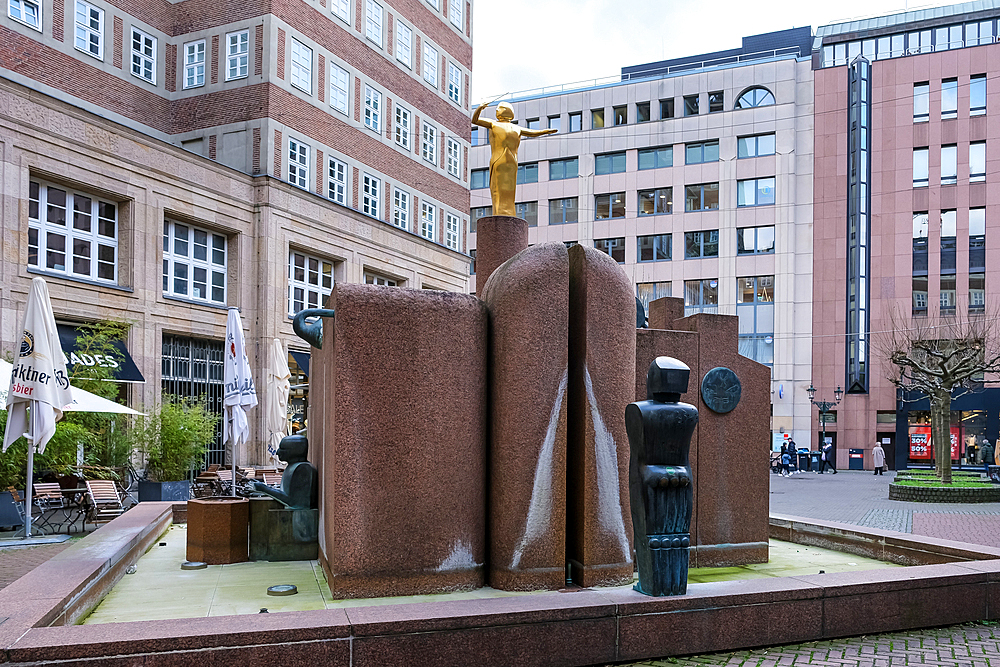 View of the Musikbrunnen, a fountain constructed from metal, marble and granite located in a courtyard behind Wilhelm Marx Haus a historical high-rise building in the central district, Dusseldorf, North Rhine Westphalia, Germany, Europe