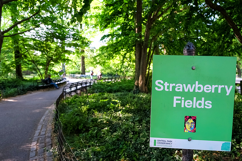 View of Strawberry Fields Memorial, a landscaped section dedicated to the memory of former Beatles member John Lennon who wrote the song Strawberry Fields Forever, Central Park, Manhattan, New York City, United States of America, North America