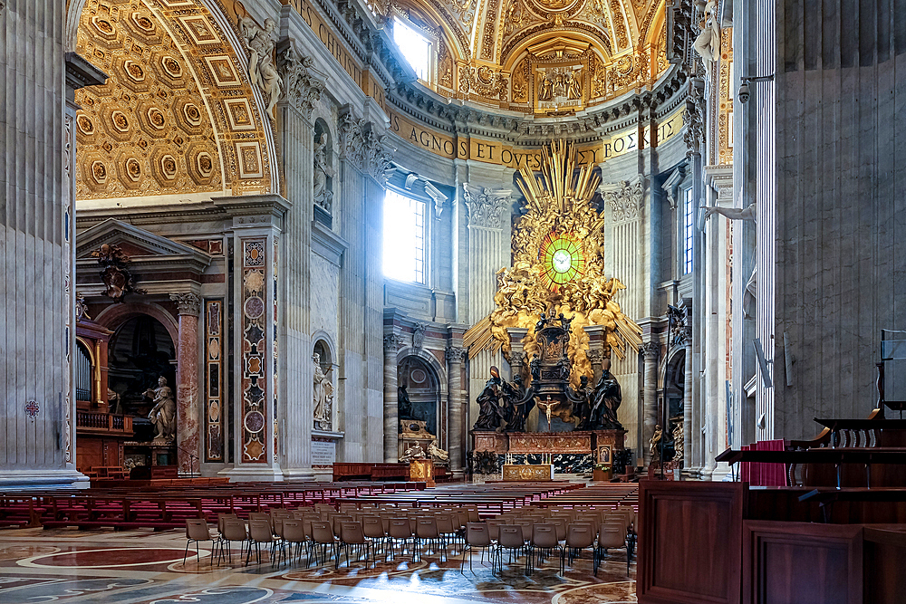 Detail of the Altar of the Chair of St. Peter, within St. Peter's Basilica in Vatican City, UNESCO World Heritage Site, papal enclave in Rome, Lazio, Italy, Europe