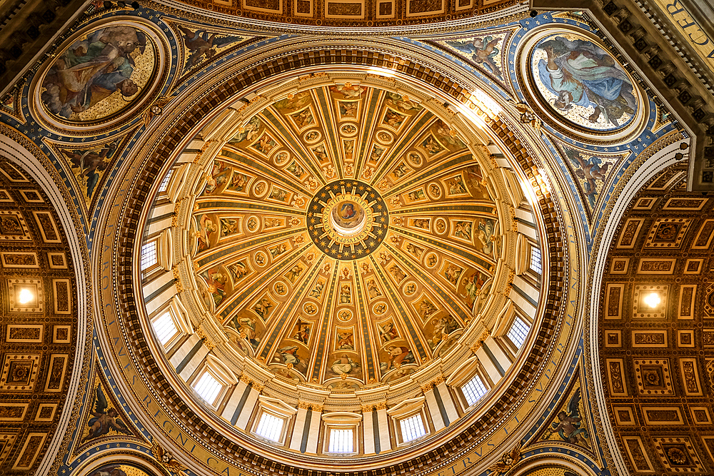 Detail of the dome of St. Peter's Basilica, built by Michelangelo Buonarroti, completed by the architect Giacomo della Porta, within St. Peter's Basilica, Vatican City, UNESCO World Heritage Site, papal enclave in Rome, Lazio, Italy, Europe