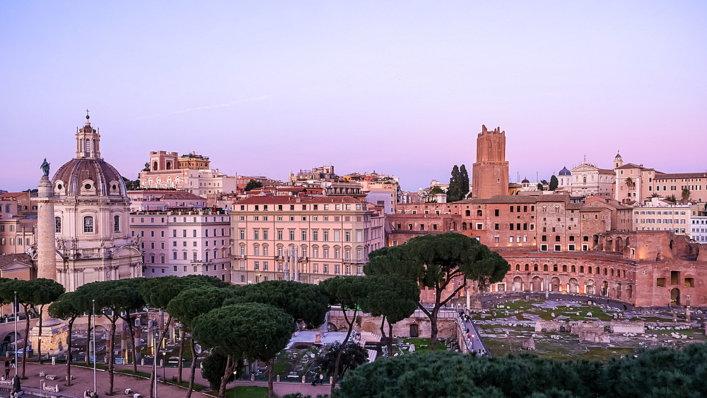 Cityscape of Rome from the Victor Emmanuel II National Monument with Trajan's Forum ruins in the background, Rome, Lazio, Italy, Europe