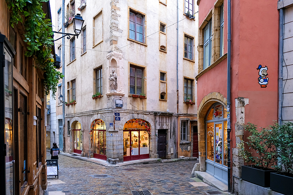 Cityscape of the Place de la Trinite, a square located in Vieux-Lyon, the city's oldest district, UNESCO World Heritage Site, Lyon, Auvergne Rhone Alpes, France, Europe