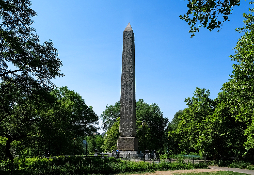 View of Cleopatra's Needle, a red granite obelisk, from the Temple of Ra in Ancient Egypt, Central Park, New York City, United States of America, North America