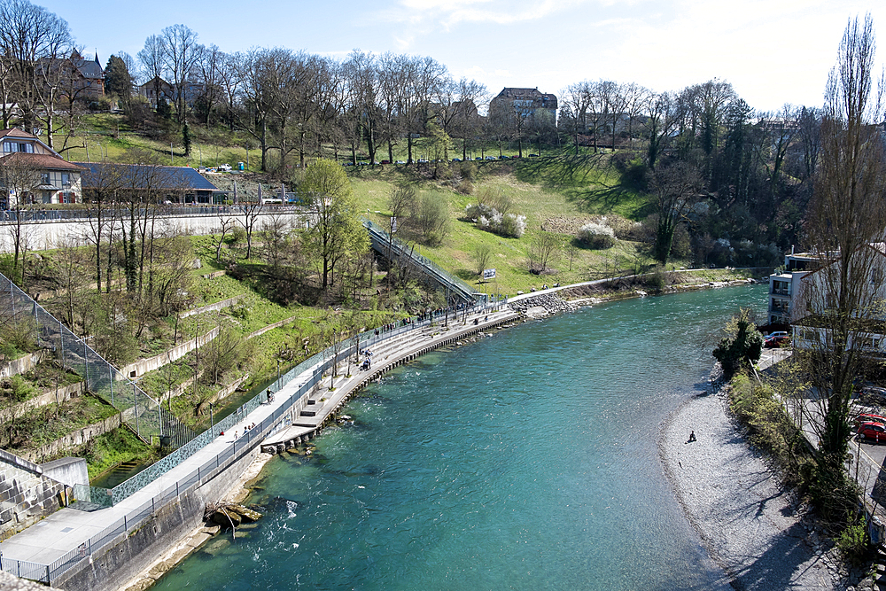 View of the BarenPark on the left, the bear enclosure on the eastern edge of the old city, next to the Nydeggbrucke and Aare River, Bern, Switzerland, Europe