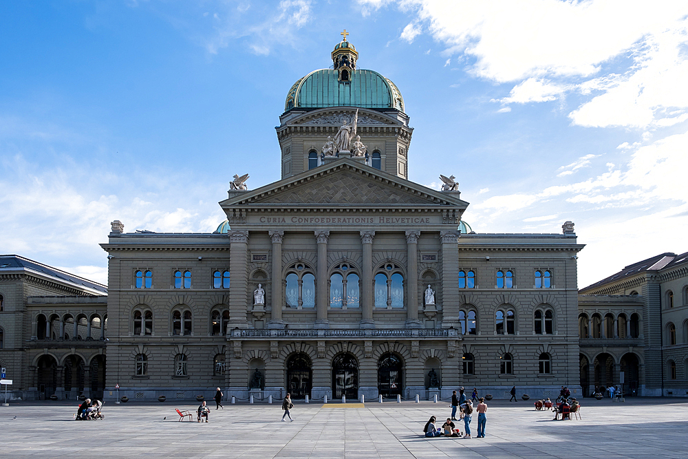 View of the central building of the Federal Palace of Switzerland, the seat of the Swiss government, located in Bern, Switzerland, Europe