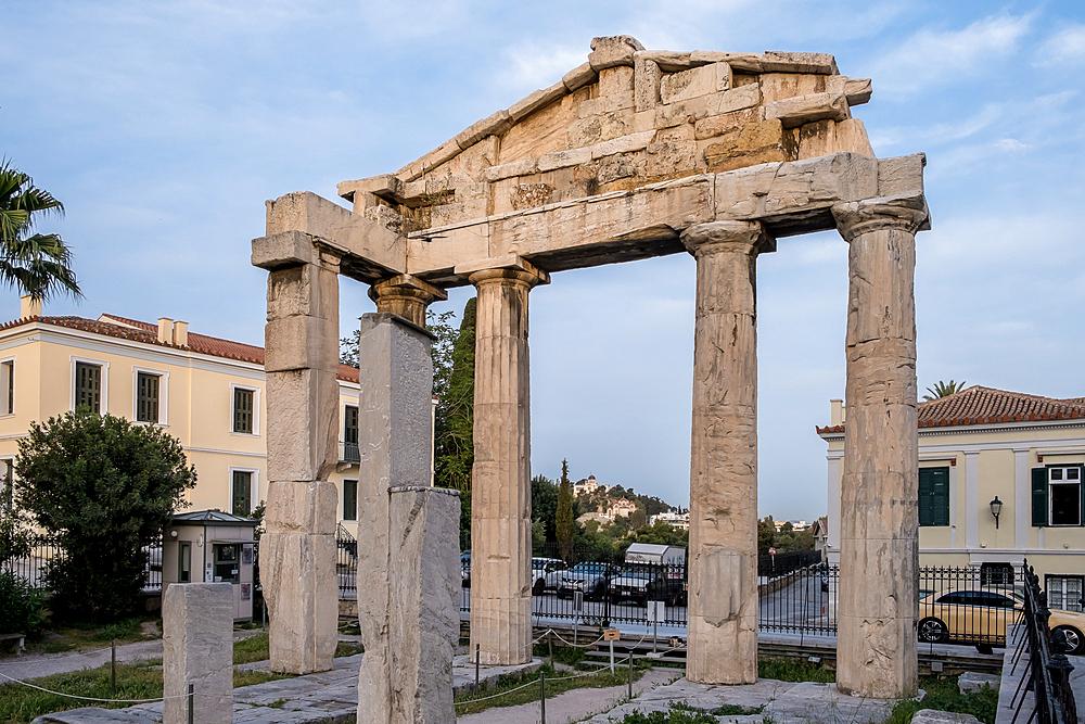 View of the Gate of Athena Archegetis, on the west side of the Roman Agora, built in 11 BCE, featuring an architrave on four Doric columns of Pentelic marble, Athens, Greece, Europe