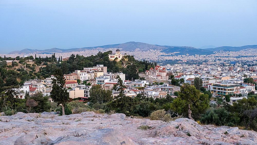 Landscape of Athens from the Areopagus, a notable rock outcrop northwest of the Acropolis, Athens, Greece, Europe