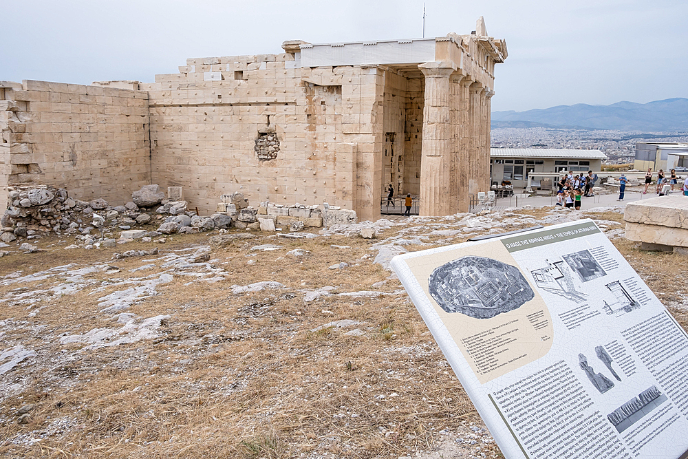 Detail of the Temple of Athena Nike, a temple on the Acropolis of Athens, dedicated to the goddesses Athena and Nike. The Acropolis is an ancient citadel situated on a rocky outcrop above the city of Athens, Greece.