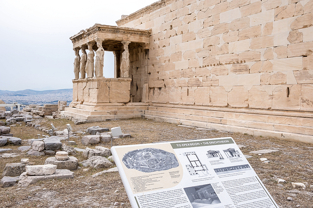 Detail of the Erechtheion, or Temple of Athena Polias, an ancient Greek Ionic temple on the north side of the Acropolis in Athens, primarily dedicated to the goddess Athena.