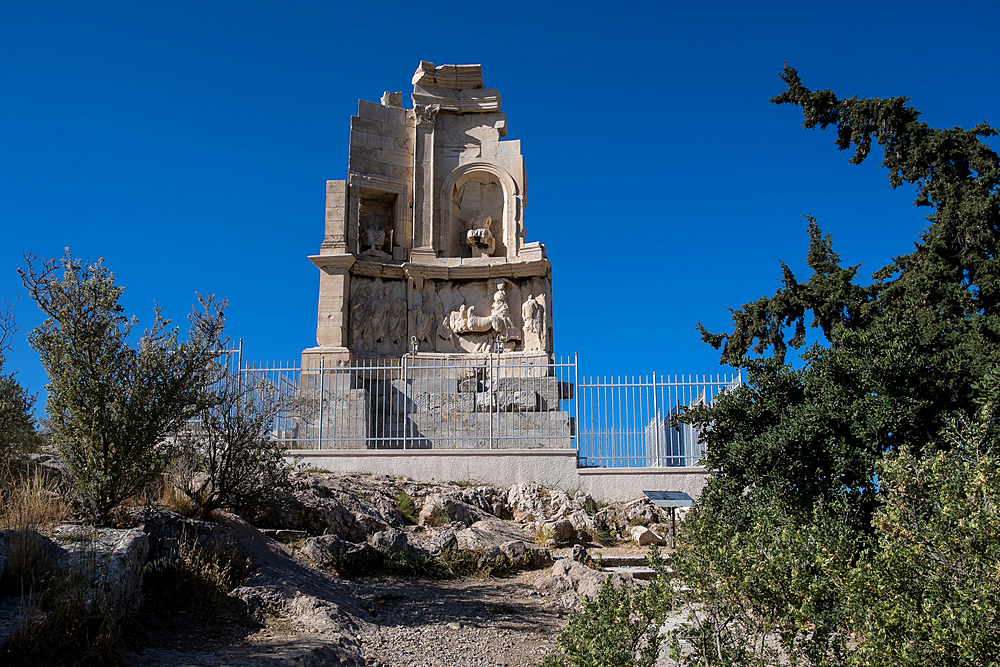 View of the Philopappos Monument, an ancient Greek mausoleum dedicated to Philopappus, a prince from the Kingdom of Commagene. It is situated on Mouseion Hill in Athens, Greece, to the southwest of the Acropolis.