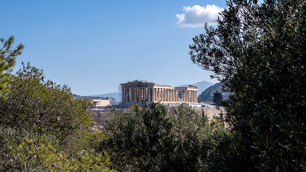 View of the Acropolis of Athens, UNESCO World Heritage Site, from Mouseion Hill, located to the southwest, Athens, Greece, Europe