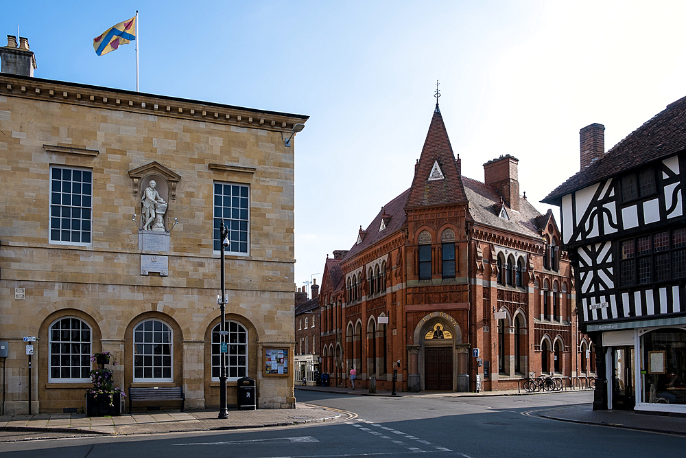 Intersection of High and Ely streets with Town Hall on left, Stratford-upon-Avon, Warwickshire, England, United Kingdom