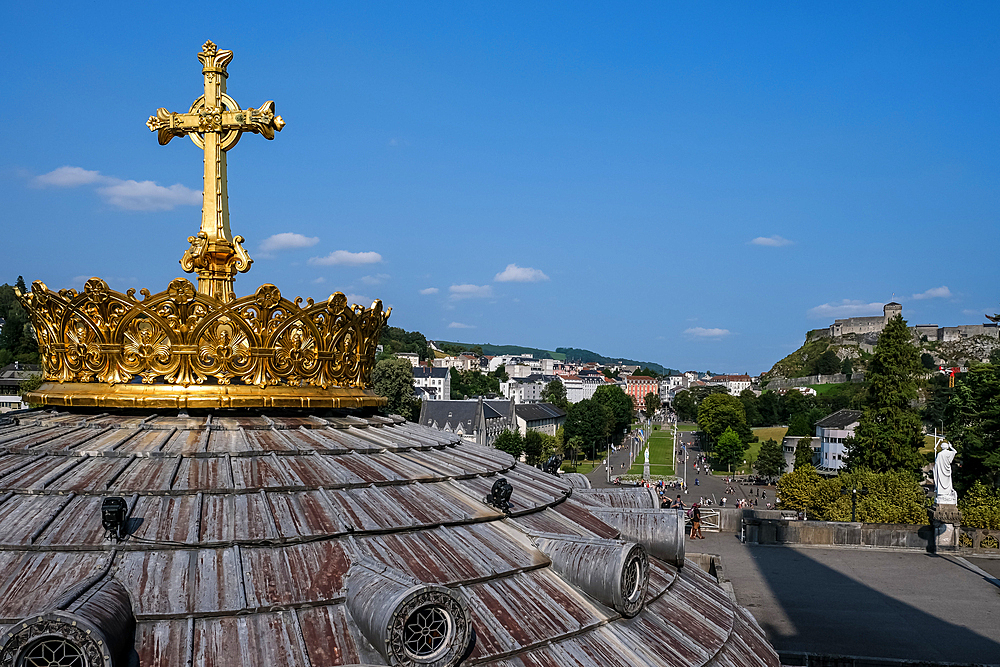 View from roof of Rosary Basilica at Sanctuary of Our Lady of Lourdes, Lourdes, Hautes-Pyrenees, Occitanie, France