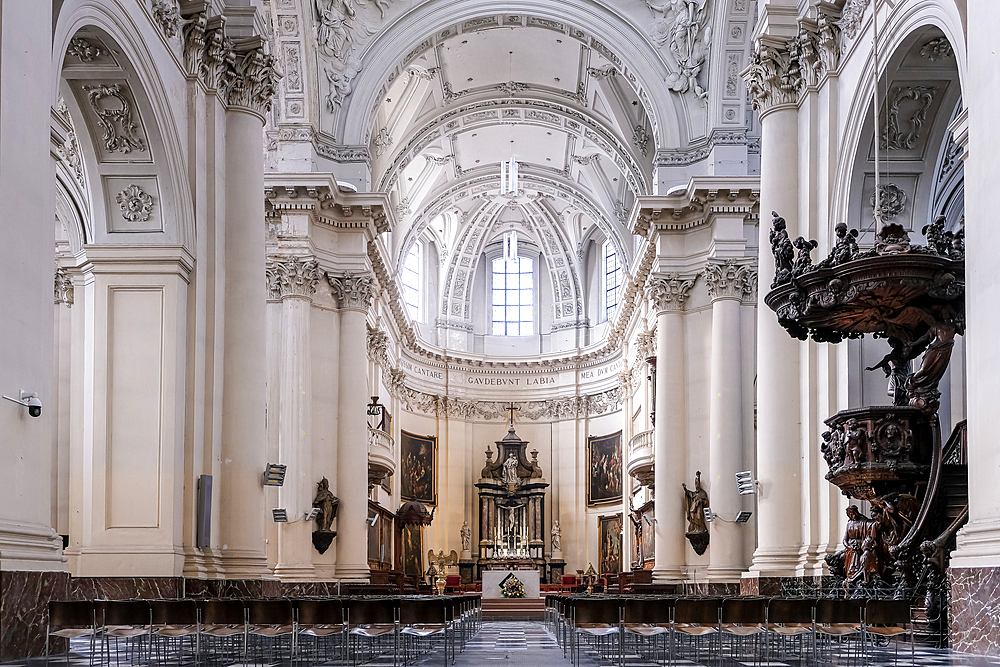 Interior of St. Aubin's Cathedral in Namur, Belgium, the only cathedral in academic Late Baroque style, built post-1559 in the Low Countries. Classified as part of Wallonia's Major Heritage.