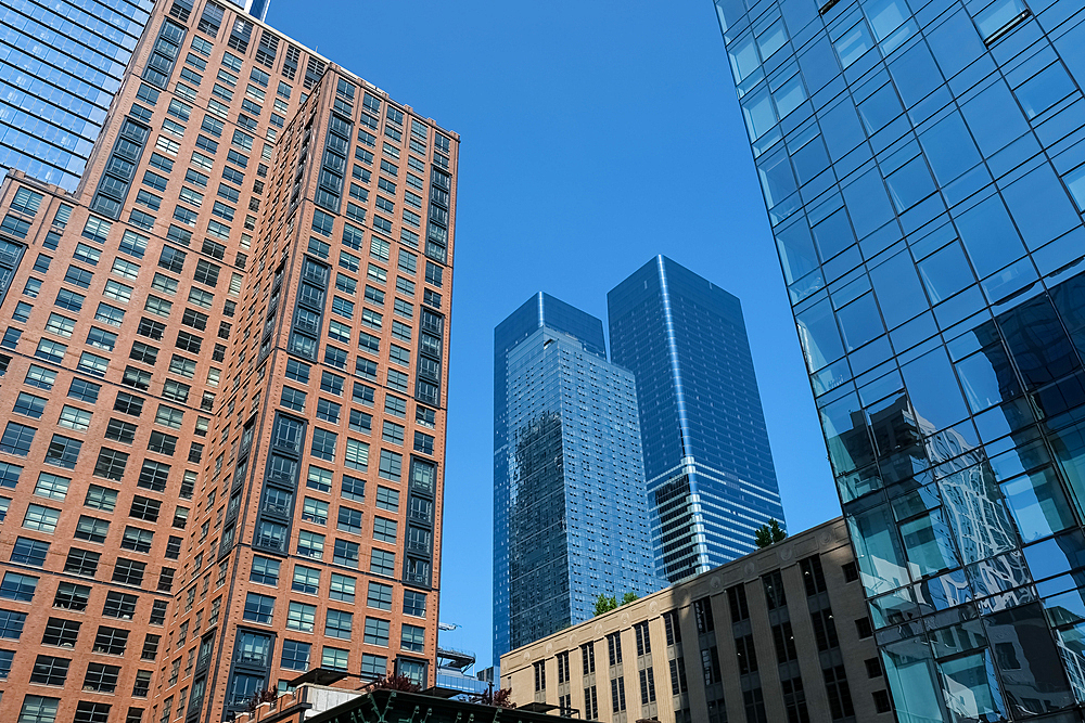 Cityscape from the High Line, a 2.33 km elevated linear park, greenway, and rail trail in built on a former Central Railroad spur on the west side of Manhattan, New York City, United States of America, North America