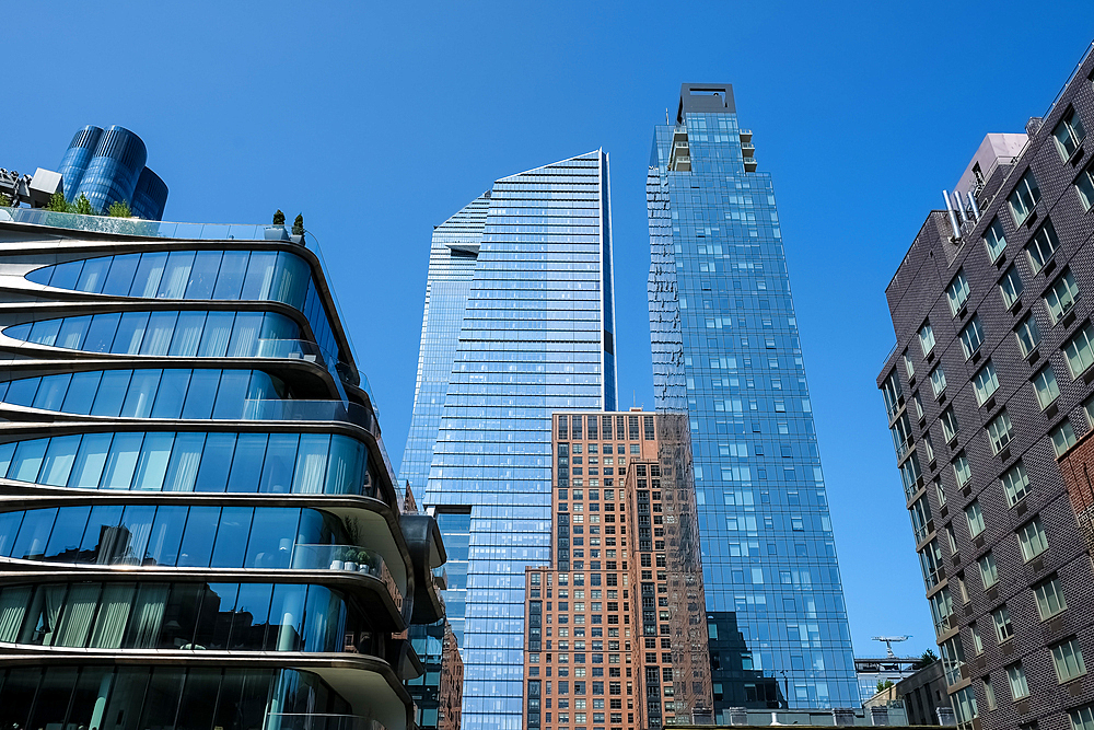 Cityscape from the High Line, a 2.33 km elevated linear park, greenway, and rail trail in New York City, built on a former Central Railroad spur on the west side of Manhattan, inspired by the Coulee verte project in Paris, 1993, New York City, United States of America, North America