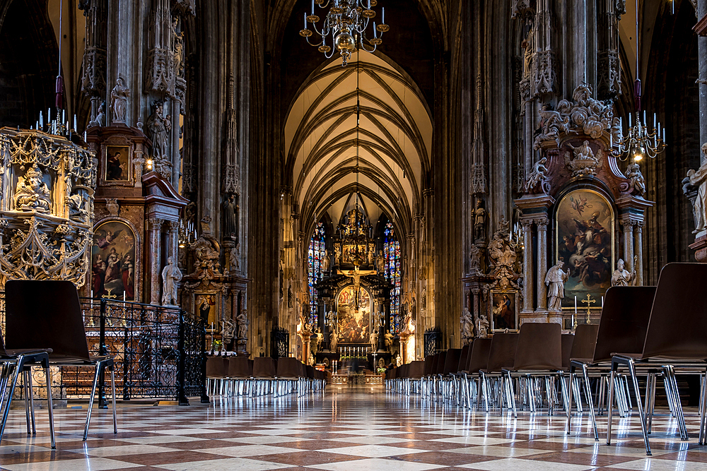 Vienna, Austria – Interior of St. Stephen’s Cathedral (Stephansdom), Vienna’s iconic Roman Catholic church and seat of the Archbishop in the city center.
