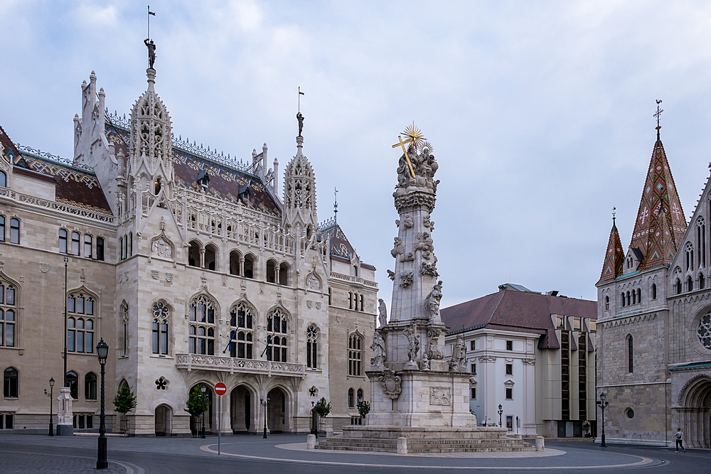 Budapest, Hungary – View of Holy Trinity Square with Matthias Church, Holy Trinity Column, and the Hungarian Composers’ Association in the Buda Castle District.