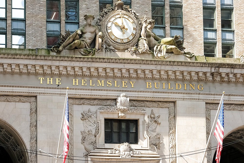 Architectural detail of the Helmsley Building, built in 1929 as the New York Central Building and designed by Warren and Wetmore in the Beaux-Arts style, a 35-story skyscraper just north of Grand Central Terminal, in Midtown Manhattan, New York City, United States of America, North America