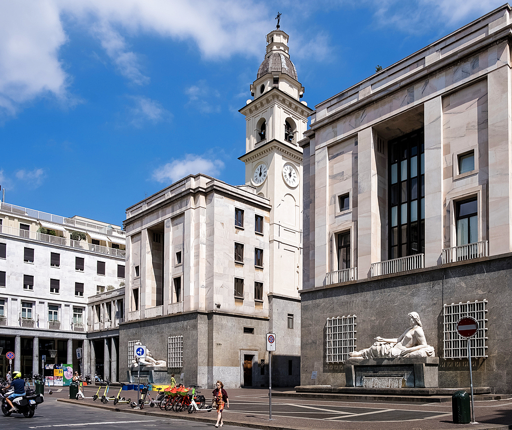 View of the Fountains of Po and Dora in Piazza CLN, dating back to 1936 and adorned with allegorical sculptures, standing as neorationalistic symbols in architect Marcello Piacentini's vision for Via Roma's redevelopment, Turin, Piedmont, Italy, Europe