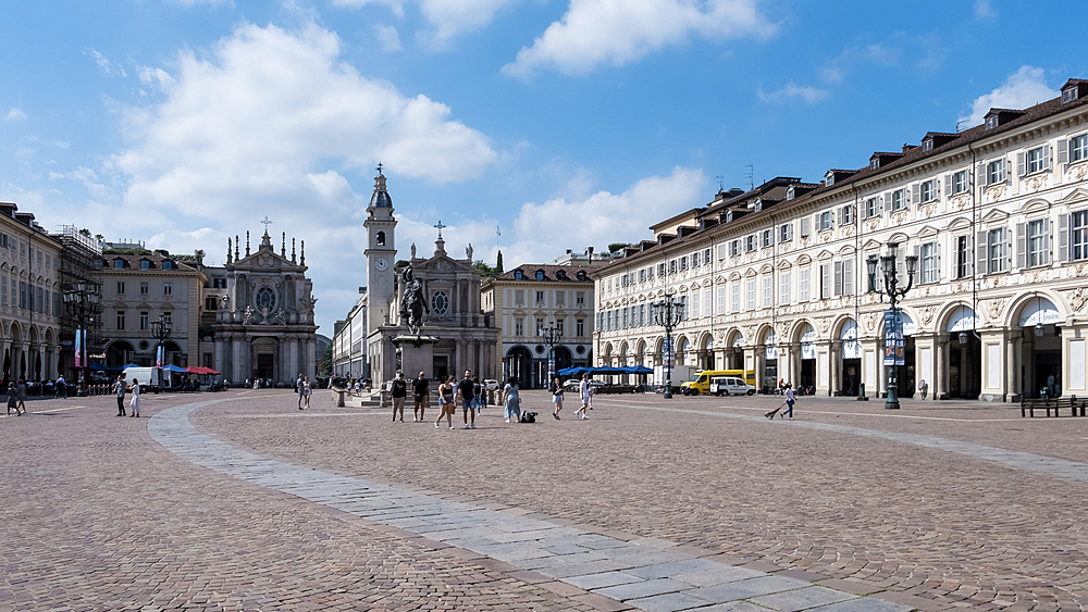 View of Piazza San Carlo, a square showcasing Baroque architecture and featuring the 1838 Equestrian monument of Emmanuel Philibert by Carlo Marochetti at its center, Turin, Piedmont, Italy, Europe