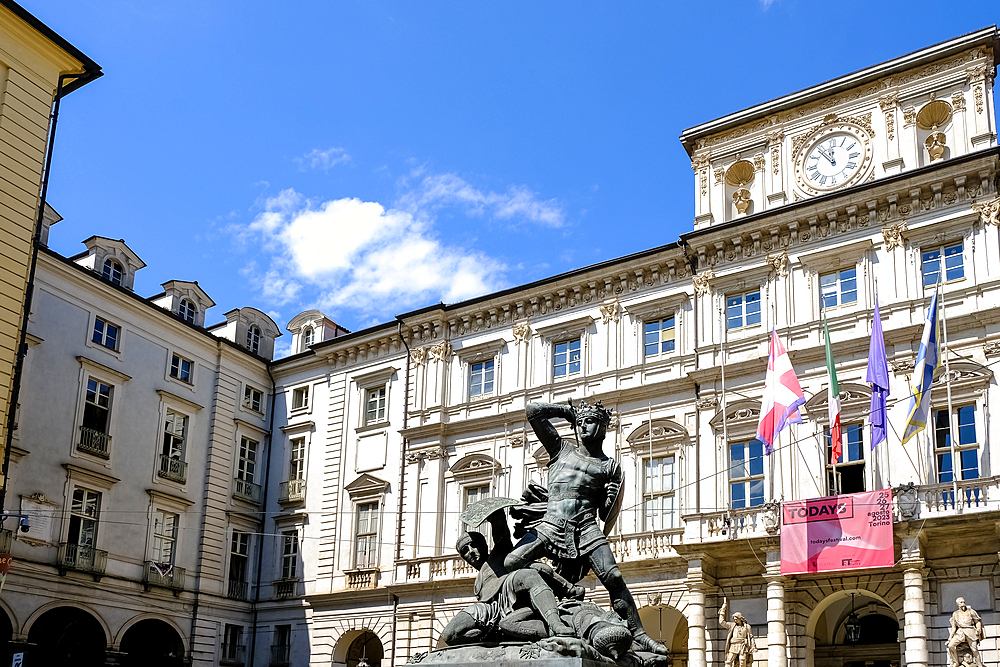 View of Piazza Palazzo di Citta, a central square built on the site of the ancient Roman city, and location of Palazzo Civico, Turin, Piedmont, Italy, Europe