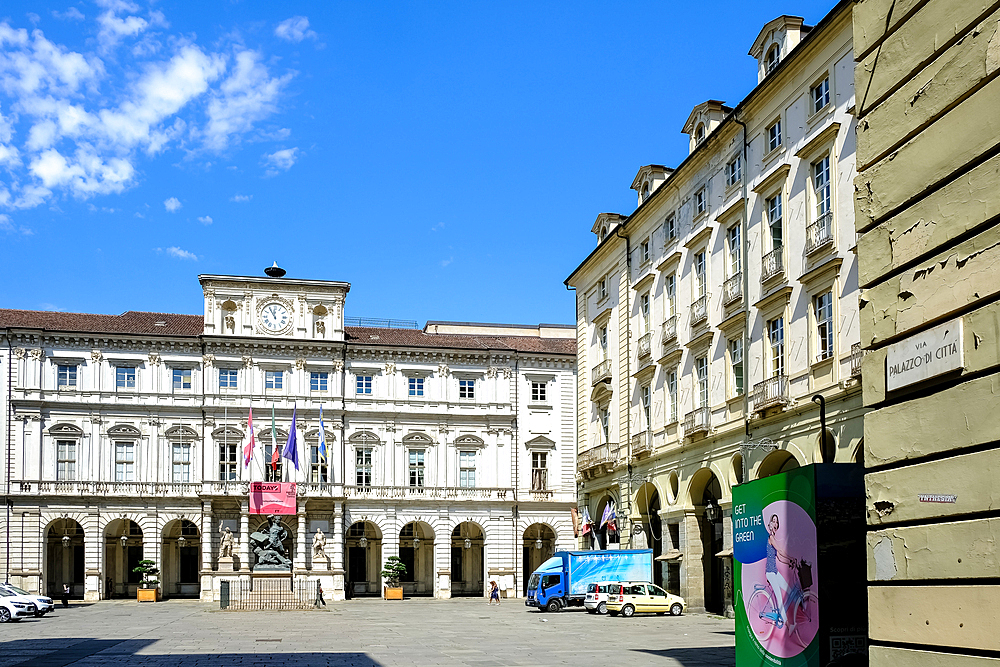 View of Piazza Palazzo di Citta, a central square built on the site of the ancient Roman city, and location of Palazzo Civico, Turin, Piedmont, Italy, Europe