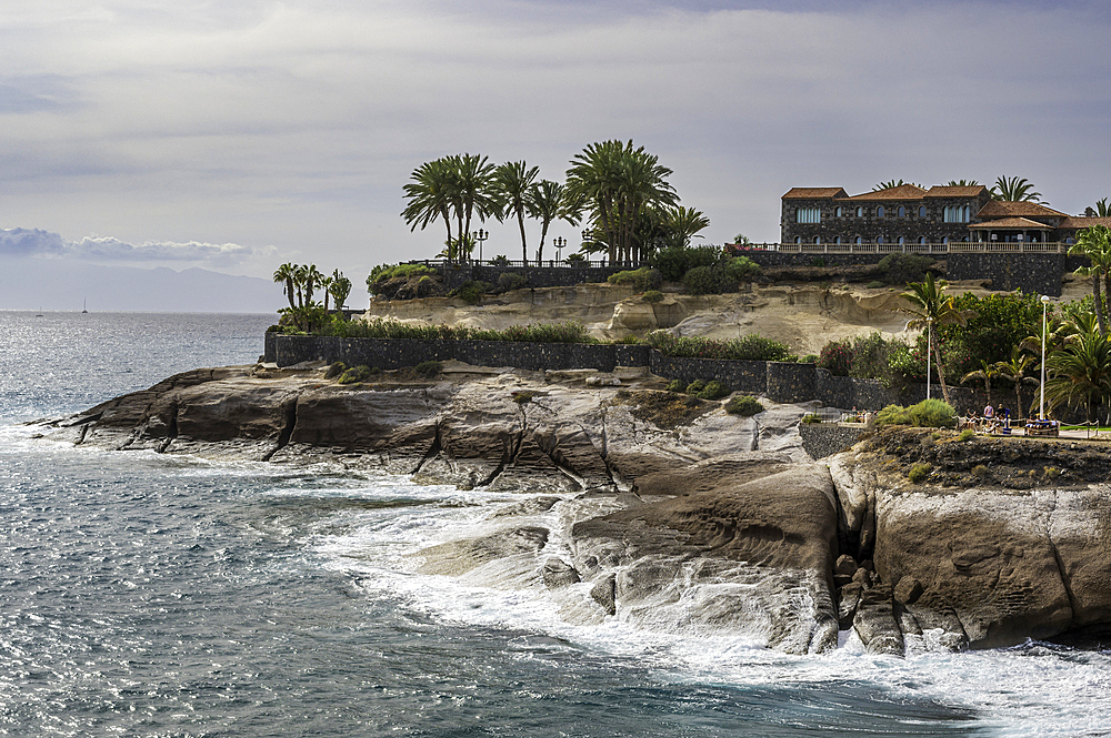 Spectacular coastline of Costa Adeja, with the Atlantic Ocean crashing against the rocky headland, and exotic palm trees, Tenerife, Canary Islands, Spain, Atlantic Ocean, Europe