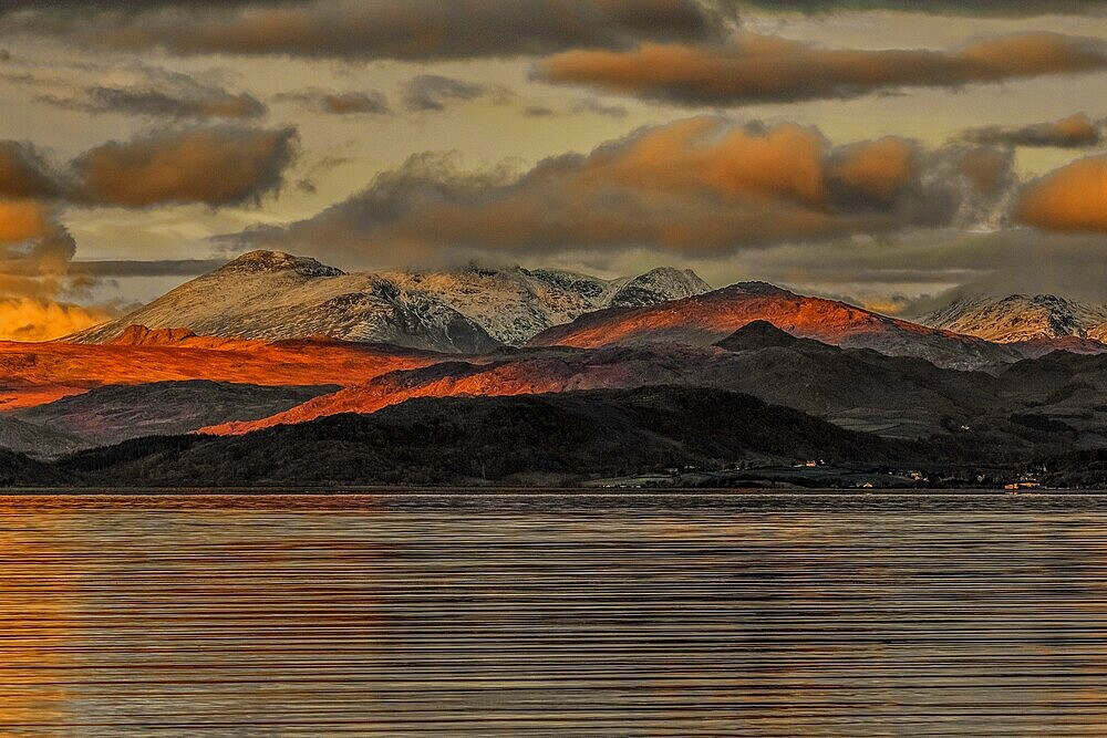 View across the Duddon Estuary towards the distant Scafell mountain range and the Lake District taken from Sandscale Haws Nature Reserve, Cumbria, England, United Kingdom, Europe