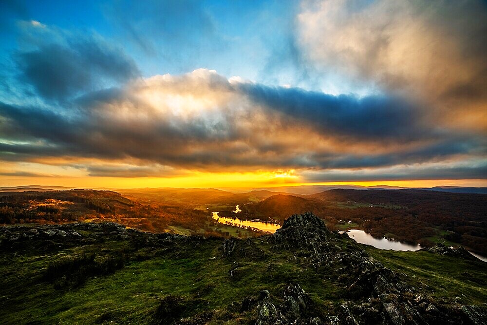 Dramatic sunset from Gummers How and view across Windermere towards the Furness fells, Lake District National Park, UNESCO World Heritage Site, Cumbria, England, United Kingdom, Europe