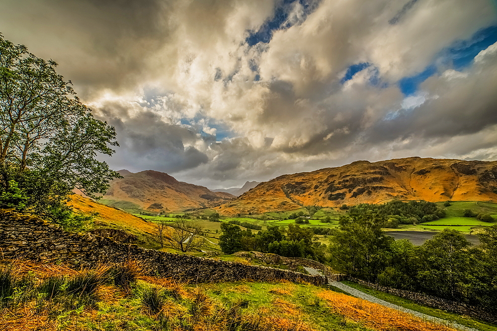 View towards the distant Langdale Pikes and Little Langdale Tarn, from the Little Langdale Valley, Lake District National Park, UNESCO World Heritage Site, Cumbria, England, United Kingdom, Europe