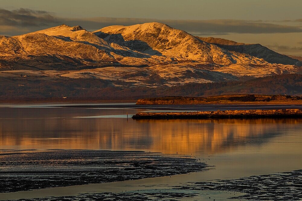 View across the Duddon Estuary towards the Coniston mountain range and the Lake District National Park, Furness Peninsula, Cumbria, England, United Kingdom, Europe