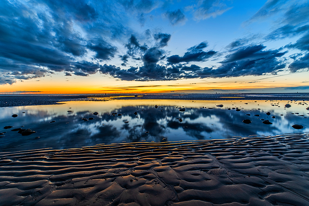 View at sunset towards the Irish Sea, Furness Peninsula and Cumbrian Coast, Sandy Gap, Walney Island, Lancashire, England, United Kingdom, Europe