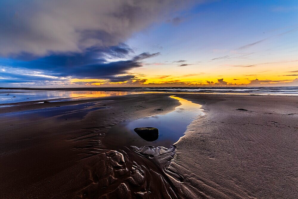 Sunset across the Irish Sea and Furness Peninsula, from Sandy Gap, Walney Island, Cumbrian Coast, Cumbria, England, United Kingdom, Europe