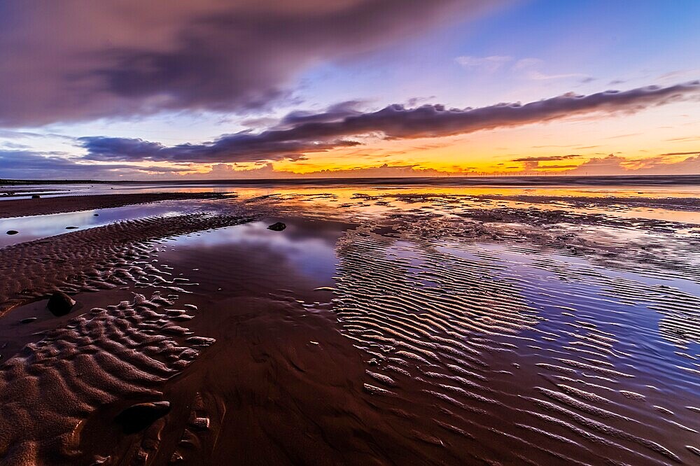 Sunset across the Irish Sea and Furness Peninsula, from Sandy Gap, Walney Island, Cumbrian Coast, Cumbria, England, United Kingdom, Europe